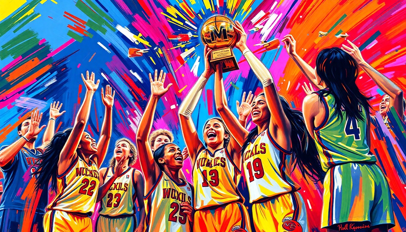 An abstract, energetic painting in neon colors depicting the dynamic movement and excitement of a basketball game, representing the Muskegon High School girls basketball team's state championship win.