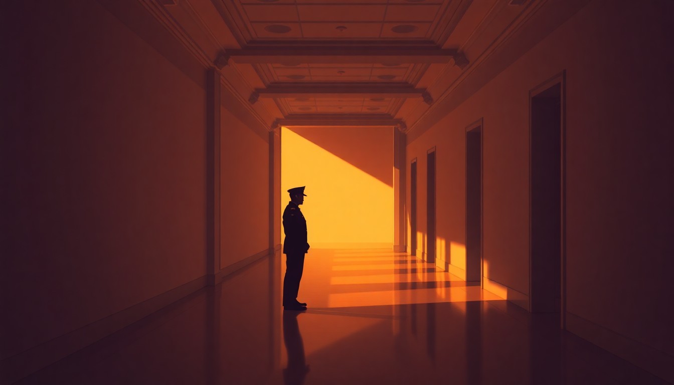 A moody, cinematic painting of a lone military officer standing in the hallway of a government building, the space bathed in warm, diagonal sunlight and deep shadows, conveying a sense of isolation and unease.