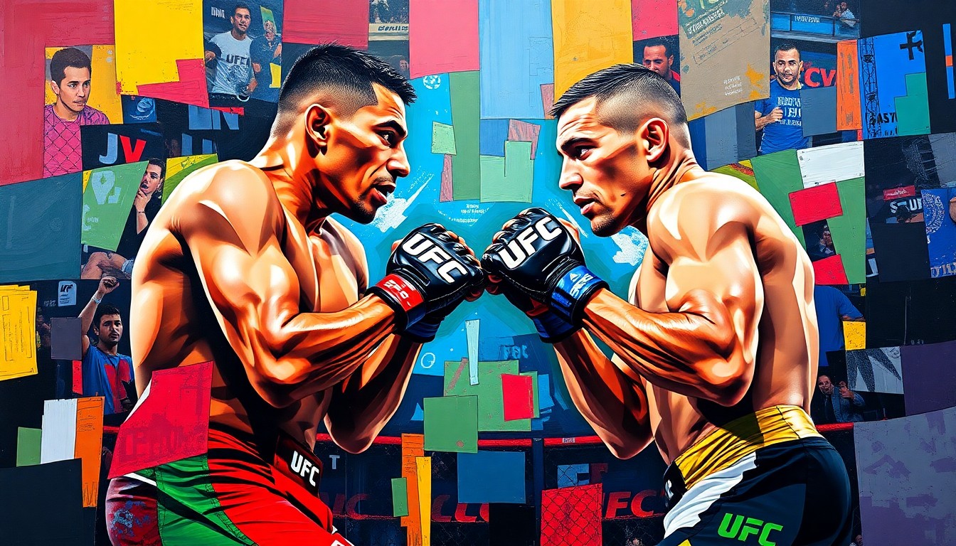 A cubist, geometric painting depicting the dynamic movements and clashing of two UFC featherweight fighters, with their uniforms and the octagon canvas rendered in vibrant, overlapping planes of color.