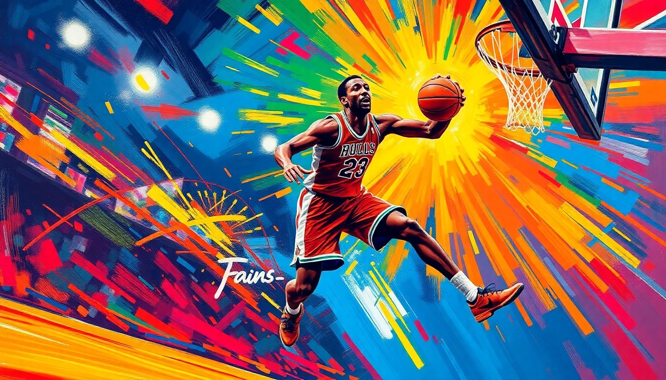 An abstract, expressionist painting featuring bold, neon-colored brushstrokes that convey the dynamic motion and power of a basketball player in action.