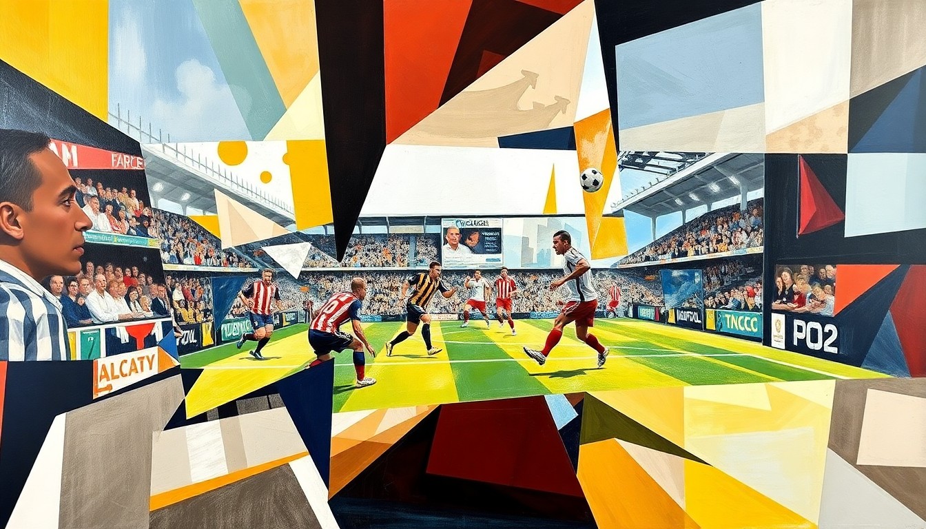 A cubist, geometric painting depicting the dynamic movements and energy of a football match between Blackpool and Exeter, with the players and field fractured into overlapping planes of color and shape.