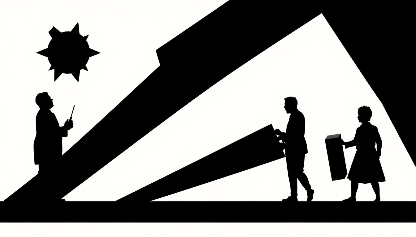 A striking black and white illustration featuring jagged, geometric shapes and bold silhouettes, conceptually representing the craft and artistry of acting.