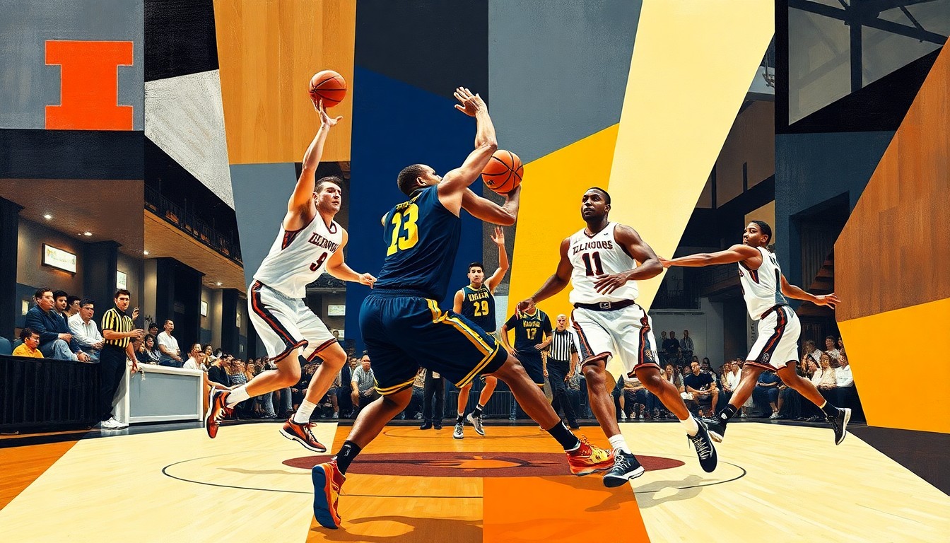 A fragmented, cubist-style painting depicting the dynamic action of a basketball game, with the players' movements and the energy of the court represented through sharp, overlapping geometric shapes and planes.