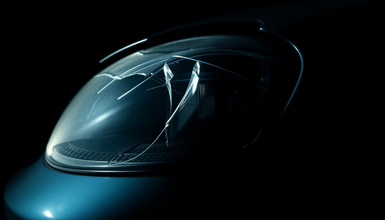 An extreme close-up photograph of a twisted, damaged car part such as a headlight or side mirror, lit by a harsh, direct camera flash against a pitch-black background, conveying a stark, gritty, investigative aesthetic.