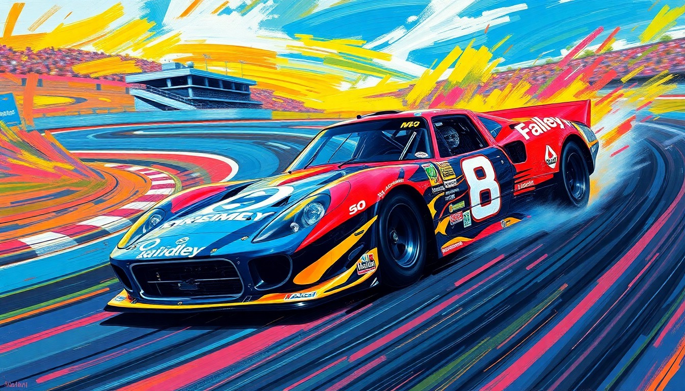 An abstract, energetic painting featuring bold brushstrokes in neon shades of red, orange, and yellow, capturing the speed and motion of a race car navigating a winding track.