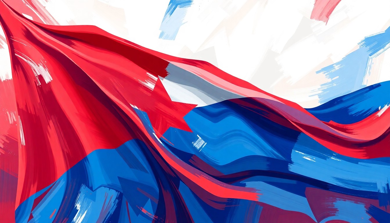 A dynamic, abstract painting featuring overlapping geometric shapes and waves of vibrant red, white, and blue colors, conceptually representing the energy and movement of a political campaign.