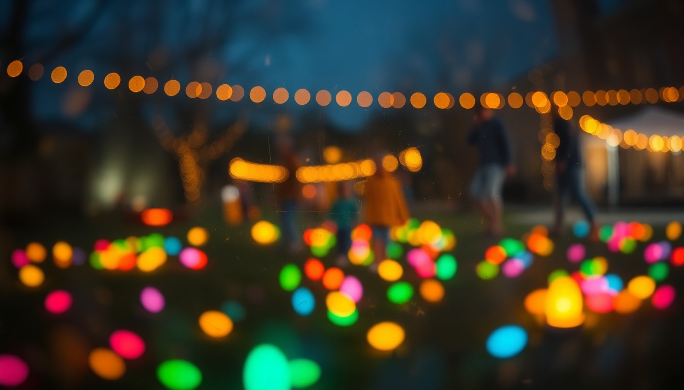 An abstract, out-of-focus scene of children and families gathered outdoors at night, searching for colorful glow-in-the-dark Easter eggs, conveying the warm, festive atmosphere of the Osage Nation's community event.