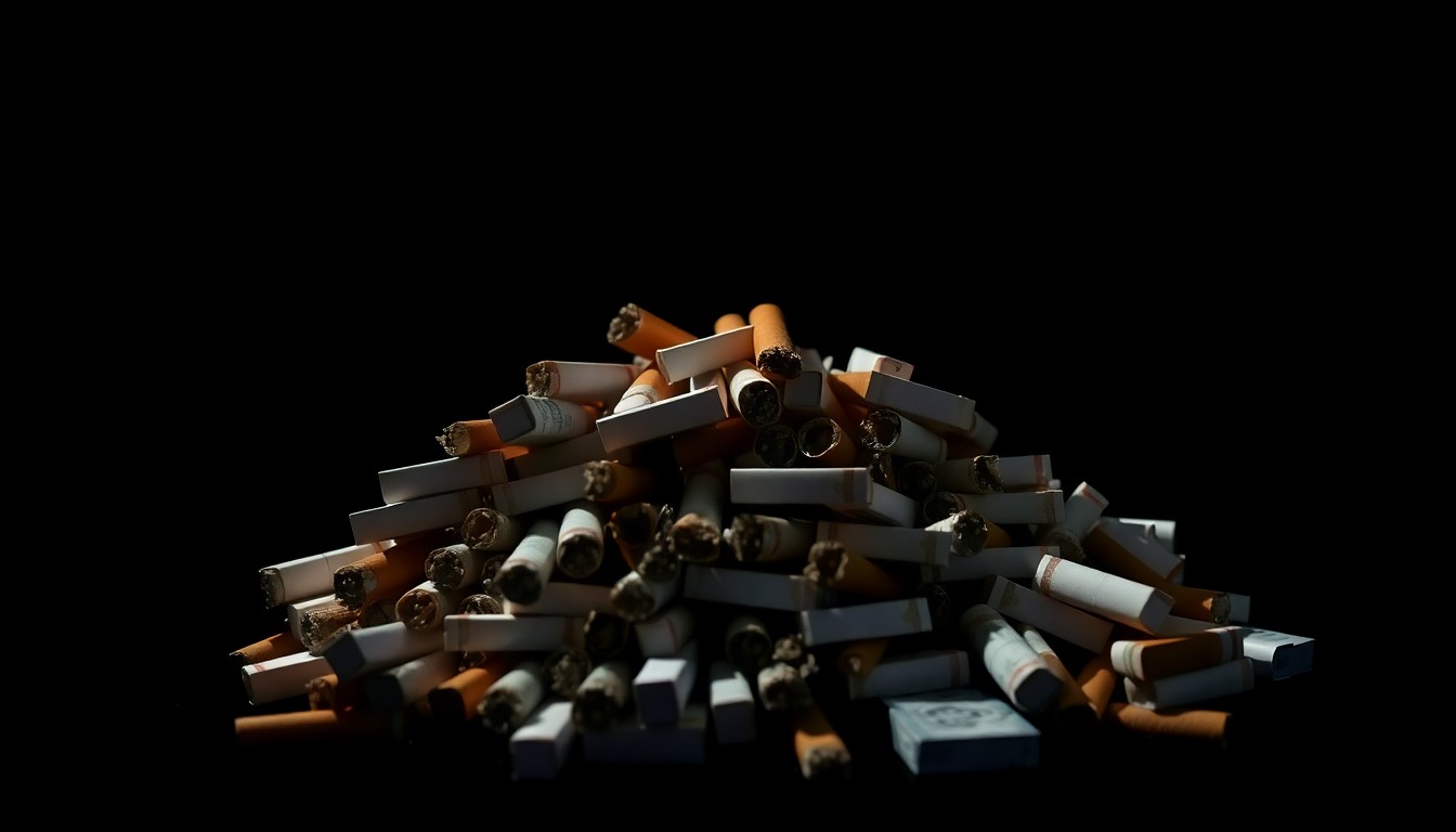 An extreme close-up photograph of a pile of cigarette packs against a pitch-black background, lit by a harsh, direct camera flash, conceptually representing the contraband seized by state troopers during the traffic stop.
