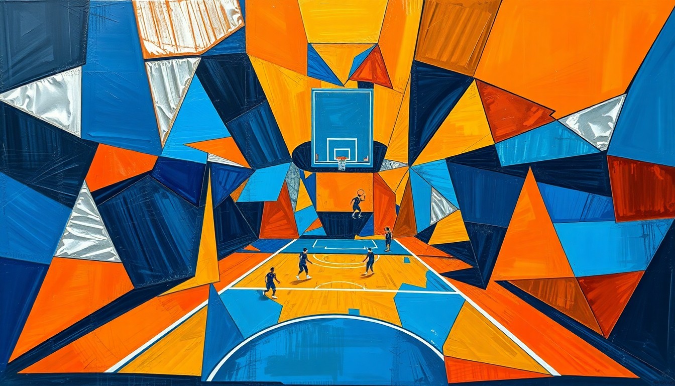 A cubist, geometric painting depicting a fragmented basketball game, with sharp, overlapping planes of color in blues, oranges, and silvers, conveying the dynamic energy and movement of the sport.
