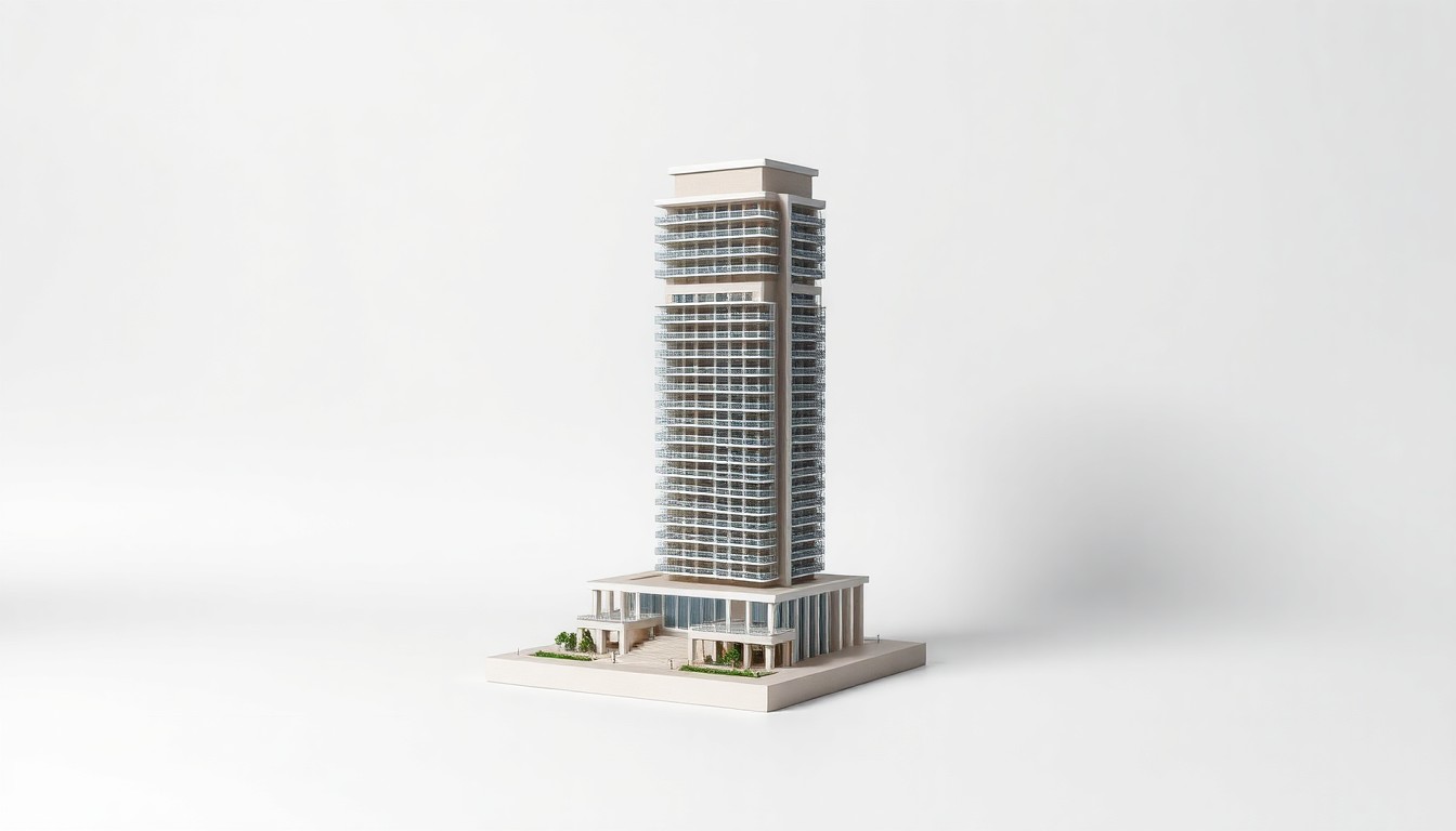 A highly detailed, photorealistic studio still life of a scale model of the new Ritz-Carlton Residences tower in Estero Bay, Florida, captured with dramatic lighting and shadows to convey a sense of prestige and luxury.