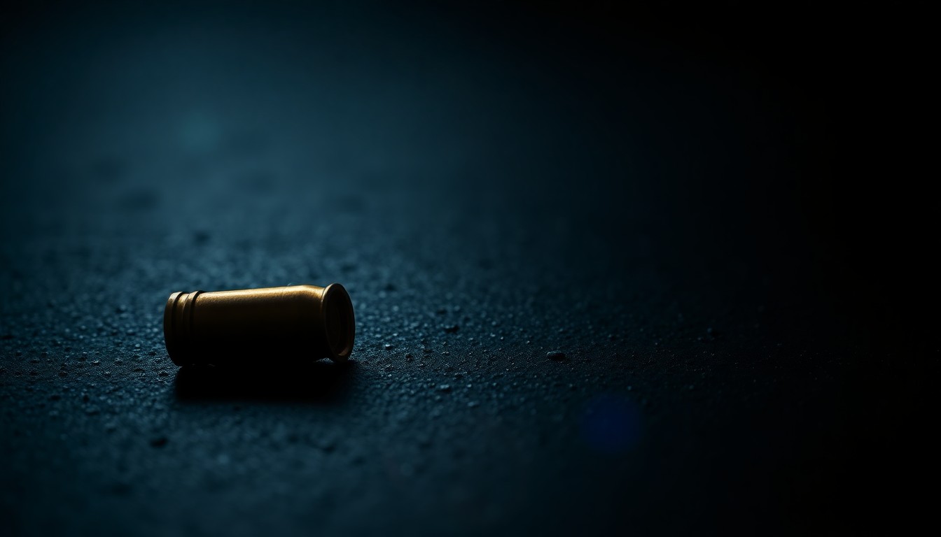 An extreme close-up photograph of a single spent shell casing on a dark, textured surface, lit by a harsh, direct camera flash, conceptually illustrating the aftermath of a neighborhood shooting incident.