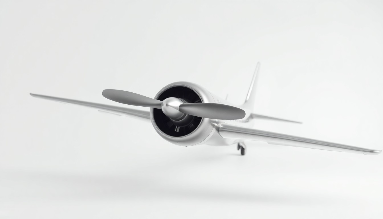 A photorealistic studio still-life image featuring a sleek, silver model airplane propeller floating on a clean, white background, symbolizing the aviation industry and the nonprofit's mission.