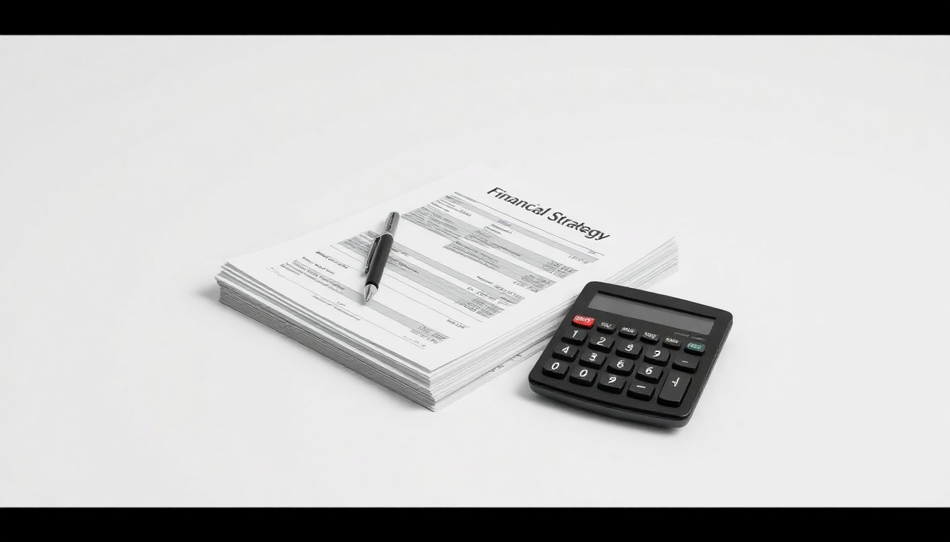 A photorealistic studio still life featuring a stack of financial documents, a pen, and a calculator arranged on a clean, monochromatic background, conceptually representing the abstract business strategy behind a major corporate merger.
