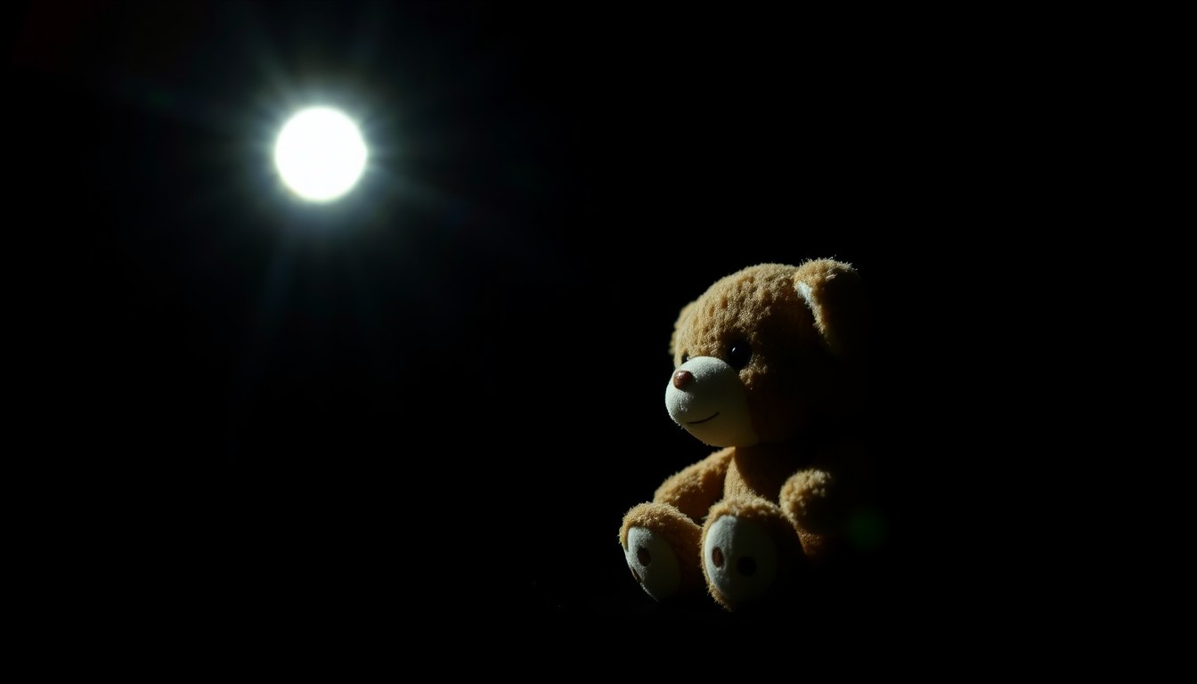An extreme close-up photograph of a child's toy, such as a stuffed animal or a small figurine, lit by a harsh, direct camera flash against a pitch-black background, creating a stark, gritty, investigative aesthetic that conceptually represents the disturbing nature of the crimes.