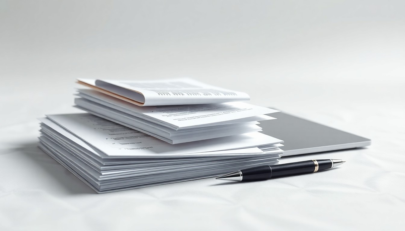 A minimalist studio still life photograph featuring a stack of business documents, a laptop, and a pen arranged elegantly on a clean white background, conceptually representing the abstract ideas of corporate strategy and outsourcing.