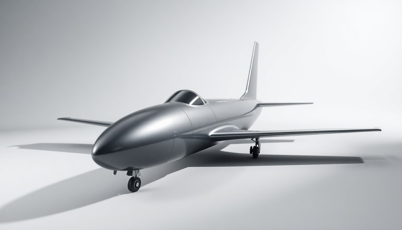 A highly detailed, photorealistic studio photograph of a metallic aviation component, such as an engine part or avionics module, lit dramatically with sharp shadows to convey the precision and innovation of the industry.