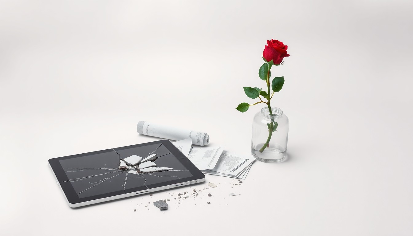 A high-end, photorealistic studio still-life photograph featuring a cracked and broken tablet device, a scattered pile of financial documents, and a single red rose in a glass vase, all arranged elegantly on a clean, monochromatic seamless background to symbolize the abstract concepts of corporate risk, financial losses, and the fragility of public trust.