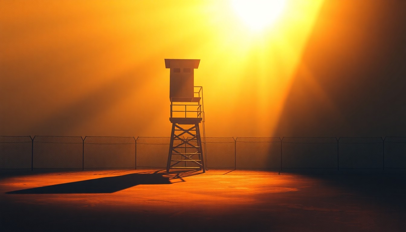 A serene, cinematic painting of a lone prison guard tower standing tall against a backdrop of warm, golden sunlight and deep shadows, conveying a sense of contemplation and the possibility of redemption.