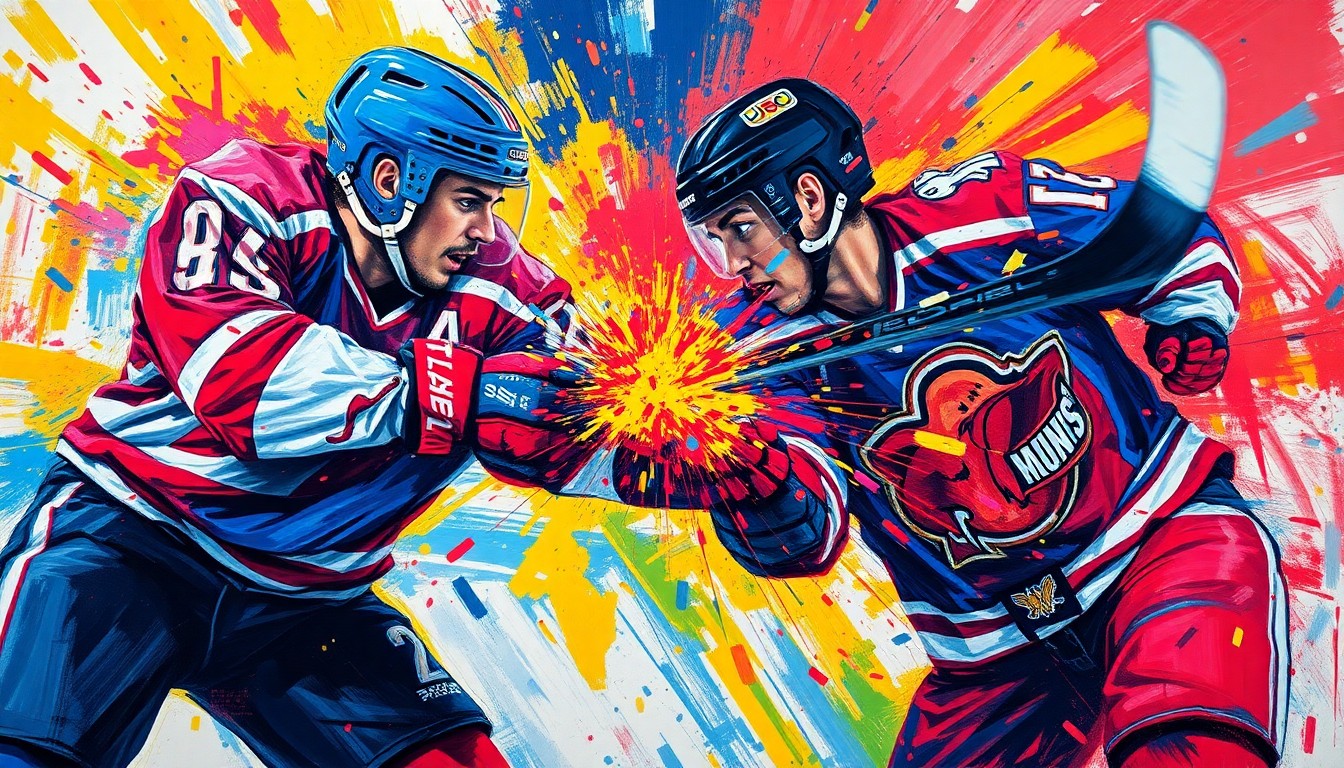 A vibrant, expressionist painting in neon colors depicts the violent motion of a hockey player striking an opponent with his stick, the faces and logos dissolving into unrecognizable splatters of paint, conveying the raw energy and emotion of the incident.