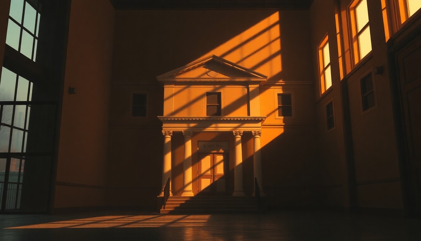 A photorealistic painting of a dimly lit, empty government office space with warm, diagonal sunlight streaming through the windows, conceptually representing the tension between transparency and political priorities in Detroit's local government.
