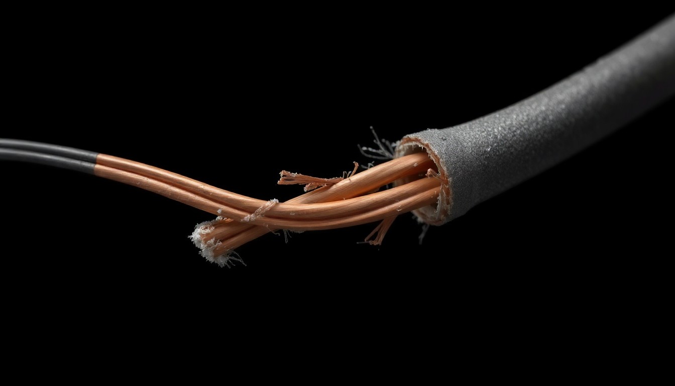 An extreme close-up photograph of a severed copper wire cable, the frayed ends and rough metallic texture creating a stark, gritty visual that conceptually represents the impact of copper theft on critical communications infrastructure.