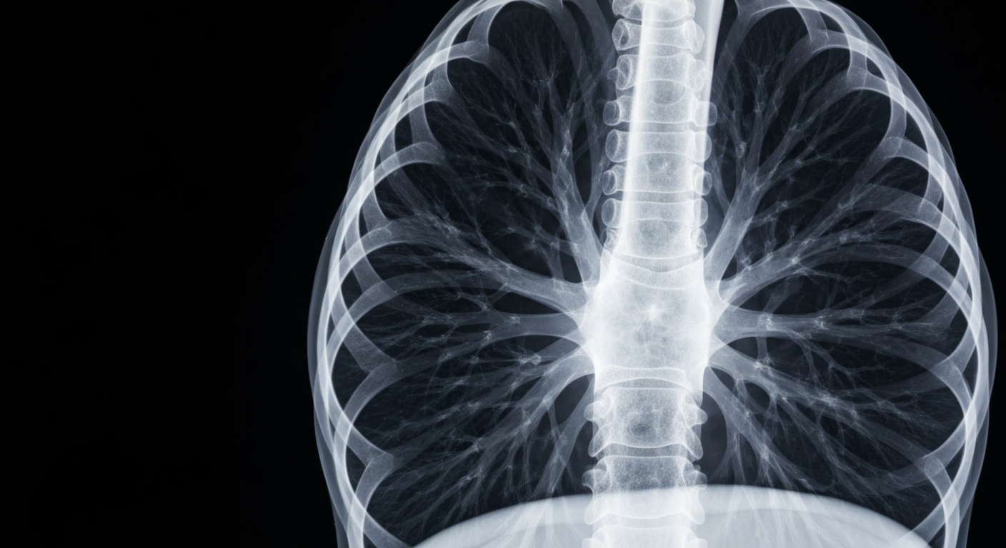 An extreme close-up, ghostly X-ray photograph of the delicate alveoli structures within a human lung, conceptually representing the internal effects of the measles virus.