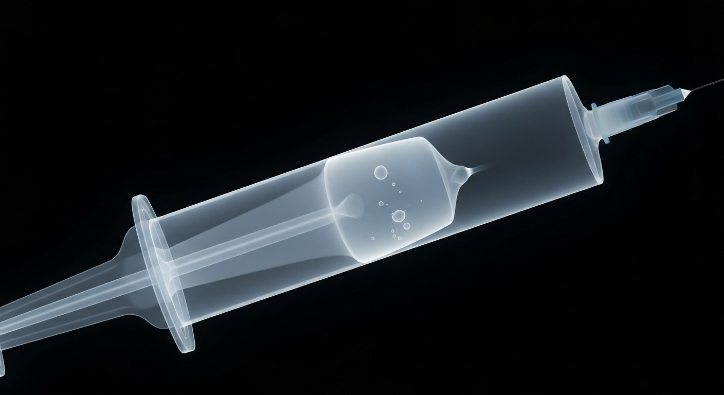 An extreme close-up X-ray photograph of a syringe filled with a glowing, ghostly liquid medication, conceptually illustrating the internal structure and potential dangers of using compounded GLP-1 drugs for weight loss.