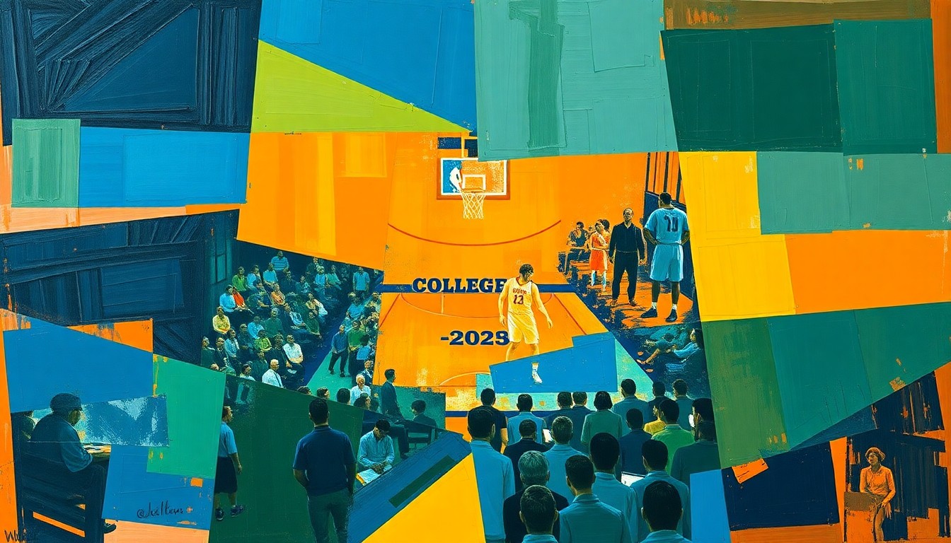 A fragmented, geometric painting depicting the complex dynamics of a college basketball coaching search, with sharp planes of color and overlapping perspectives conveying the tension and uncertainty surrounding the process.