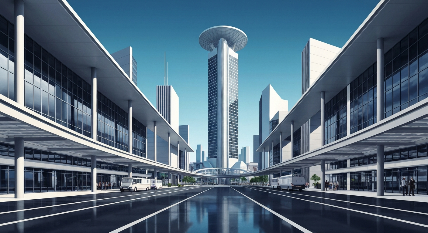 A highly stylized, geometric illustration depicting the sweeping architecture and forced perspectives of a large-scale transportation hub or entertainment complex, conveying a sense of grandeur and vision without any specific details.