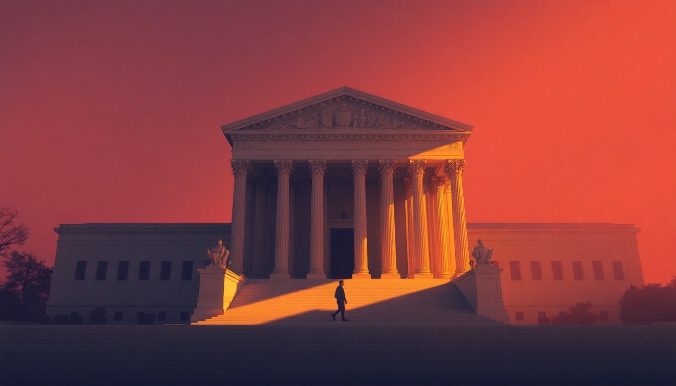 A photorealistic painting of the Supreme Court building in Washington, D.C., bathed in warm, golden light and deep shadows, with a lone figure walking up the steps, conveying a sense of solemnity and contemplation.