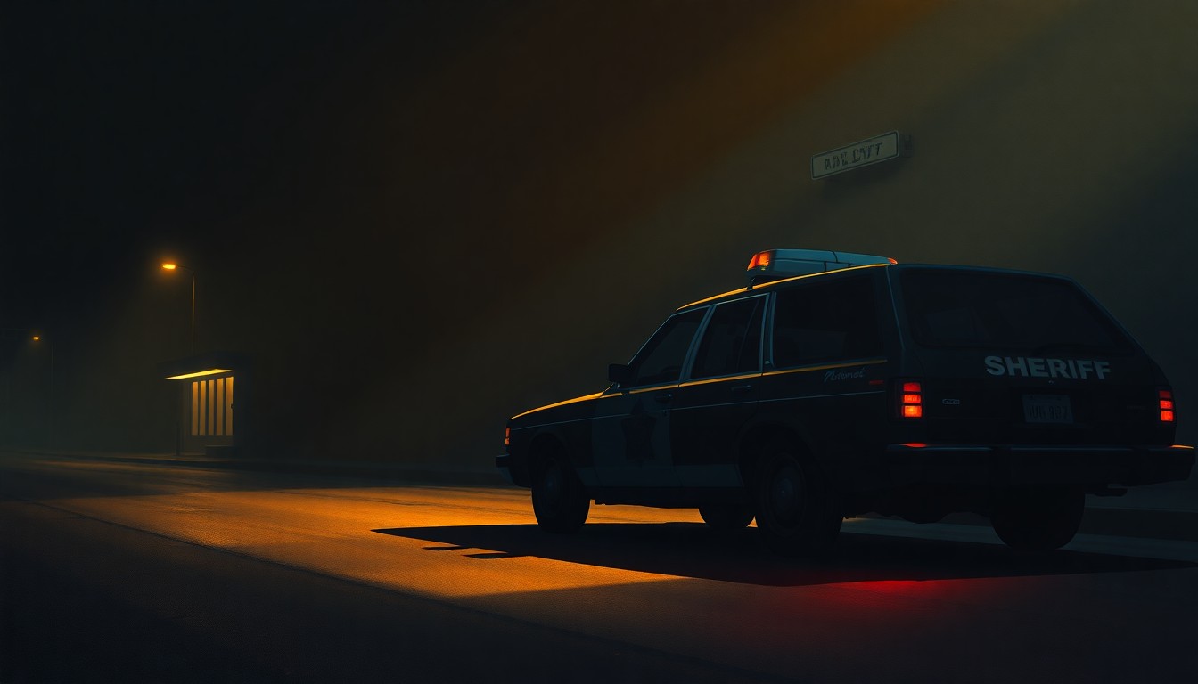 A realistic painting of a sheriff's vehicle parked on a dimly lit urban street, with warm sunlight casting dramatic shadows across the scene, conveying a sense of quiet contemplation and the solitary nature of law enforcement work.