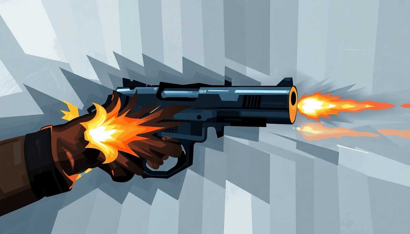 A fragmented, abstract painting of a handgun firing repeatedly, the barrel and muzzle flashes blurred and repeated in overlapping geometric shapes, conceptually representing the political maneuvering behind the congressman's social media post.