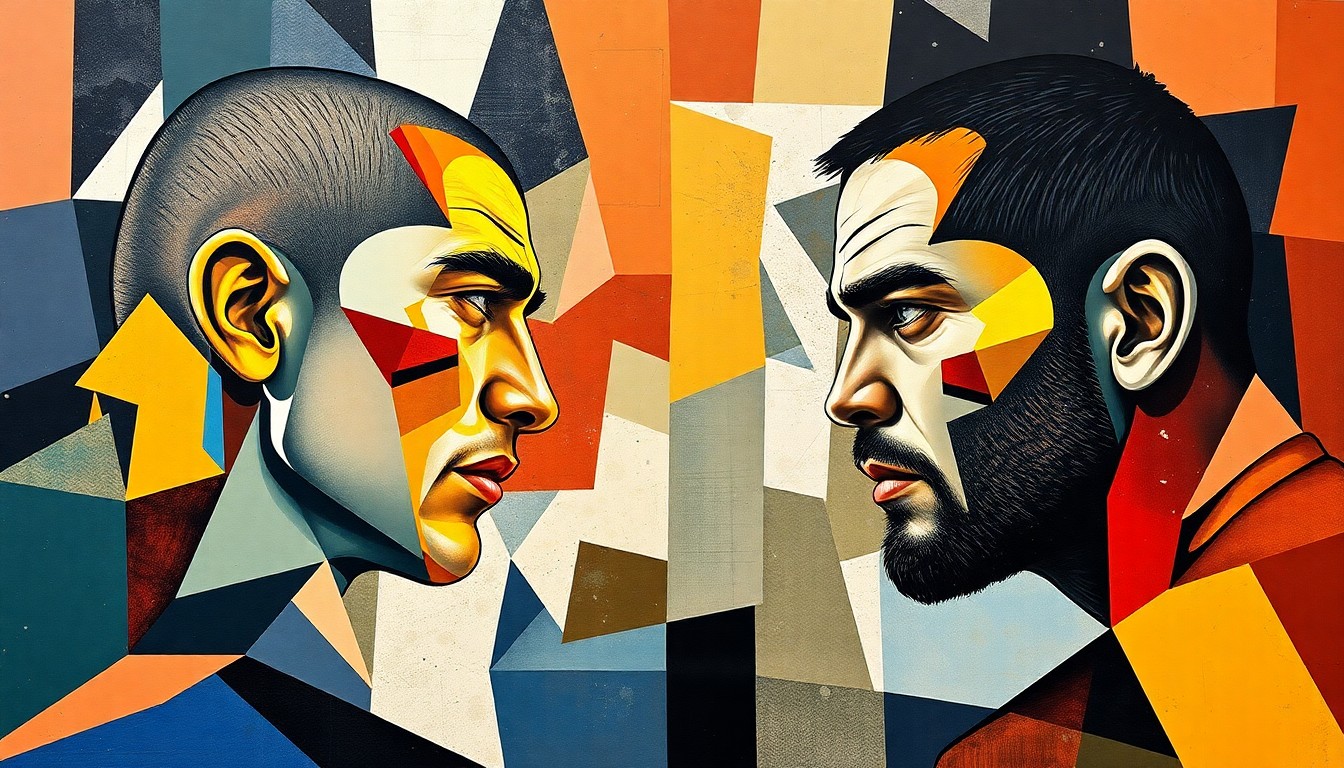 A fragmented, geometric painting depicting the chaotic action of a UFC middleweight title fight, with sharp planes and angles representing the intense grappling and striking exchanges between the two fighters.