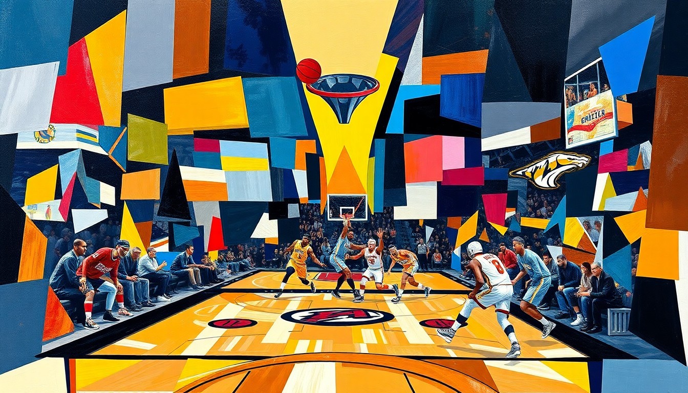 A fractured, cubist-style painting depicting a basketball game or match, with sharp geometric planes in the Grizzlies' blue and gold colors as well as the Predators' navy and gold, conceptually representing the ongoing debate over the team's location.