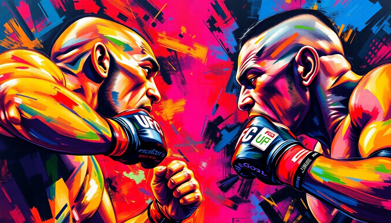 An abstract painting featuring bold, expressive brushstrokes in neon shades of blue, green, and red, conveying the raw energy and intensity of a UFC fight.