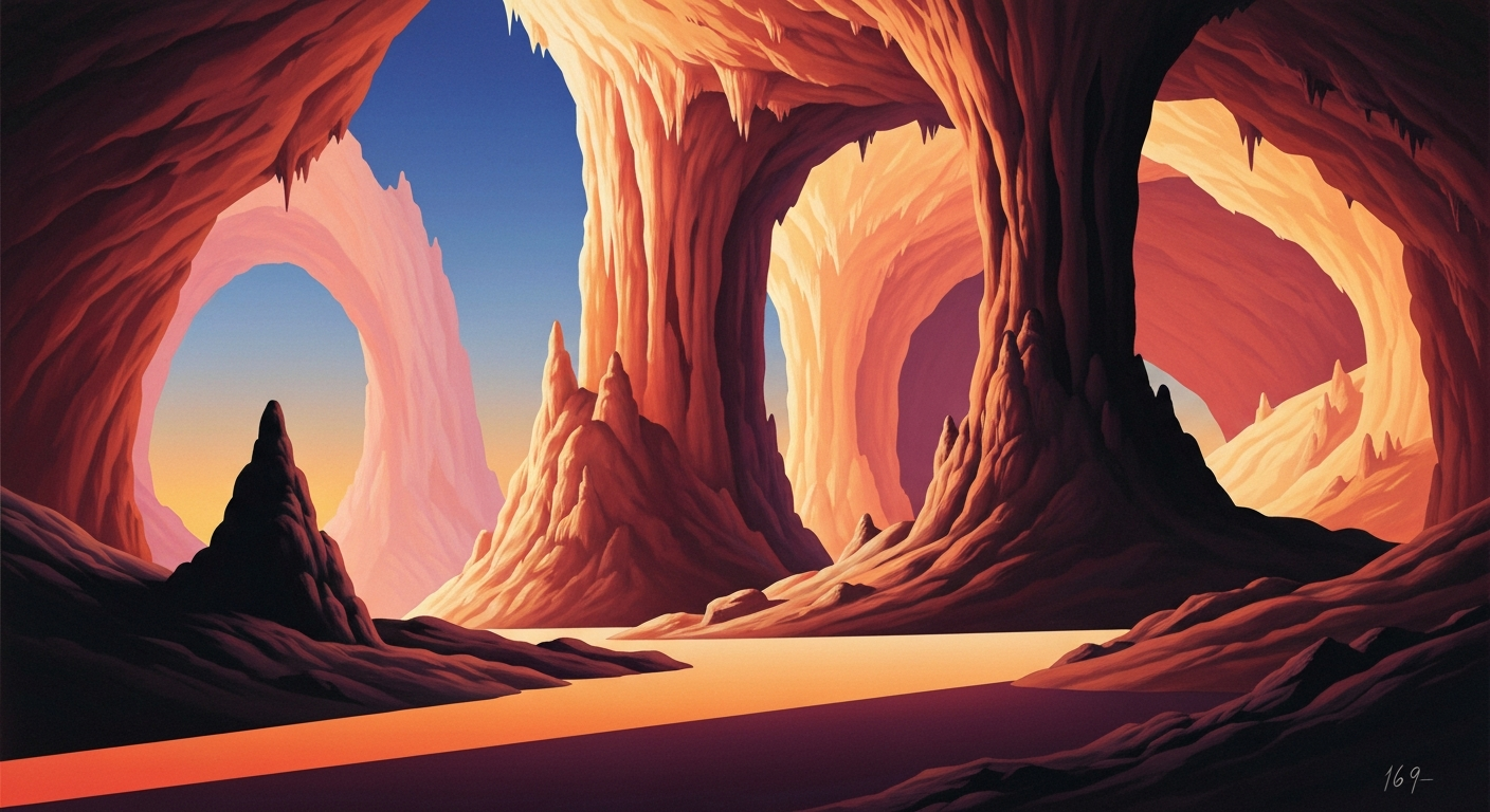 A highly stylized, geometric illustration depicting the grand, sweeping scale of the Blanchard Springs Caverns, with towering, streamlined forms and smooth, airbrushed gradients capturing the site's natural architecture and monumental presence.
