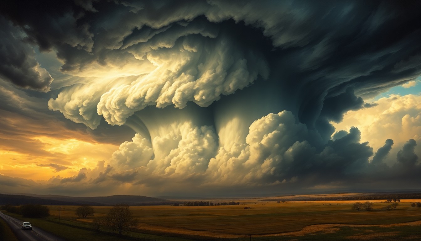 A vast, atmospheric landscape painting depicting a massive, swirling supercell thunderstorm dominating the frame, with small structures and vehicles dwarfed by the storm's towering, ominous clouds and dramatic lighting, conveying the overwhelming scale and power of the impending severe weather event.