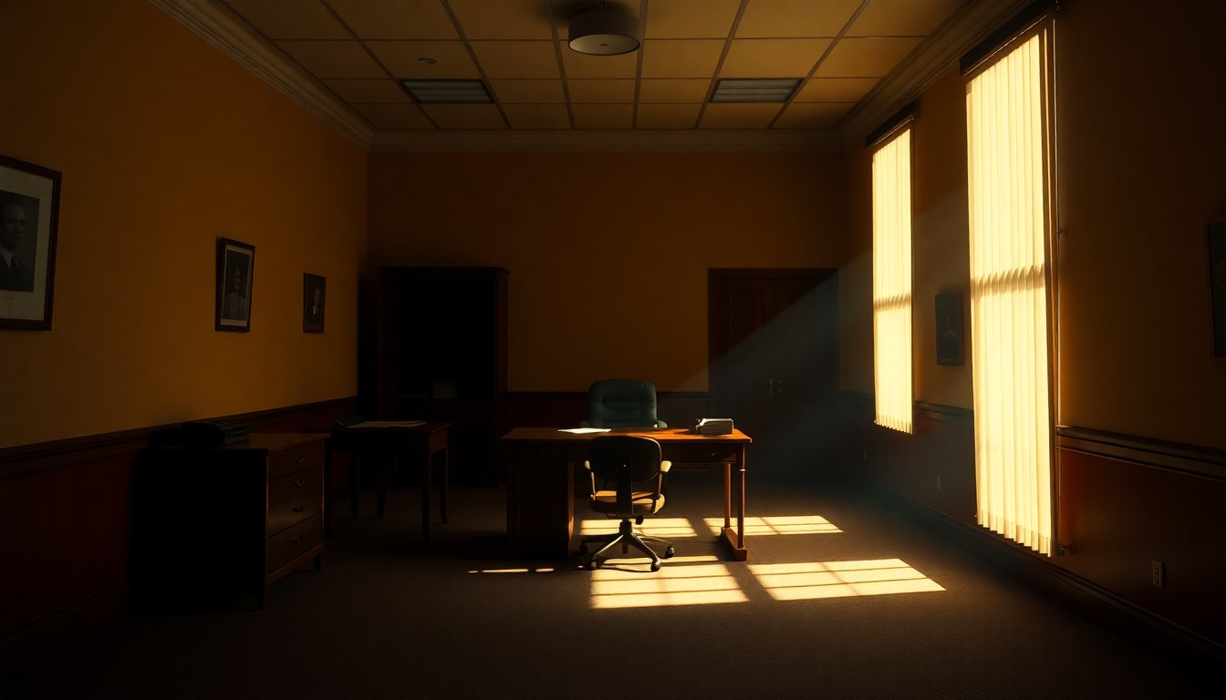 A dimly lit, cinematic government office interior with a single desk and chair, bathed in warm, diagonal sunlight and deep shadows, conceptually representing the high-stakes political battle over the Federal Reserve leadership.