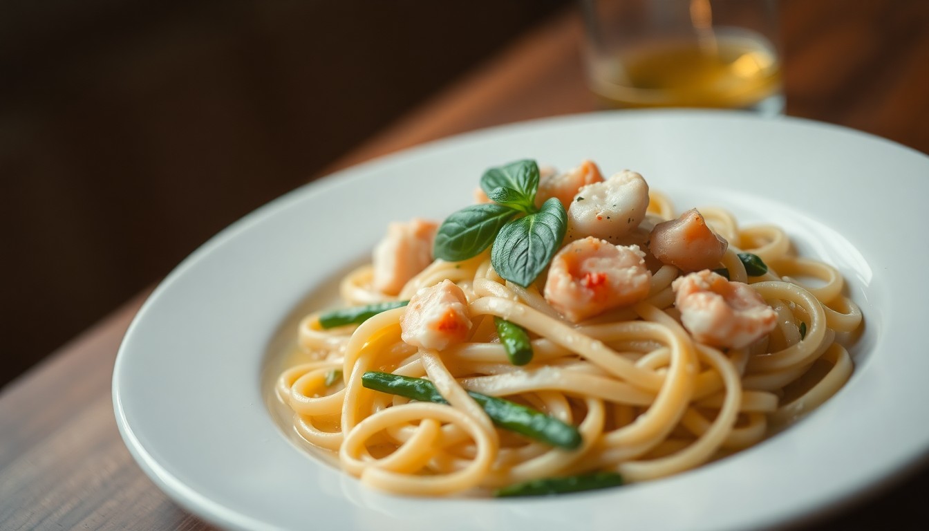 An extremely abstracted, out-of-focus photograph in warm, hazy tones depicting a plate of pasta with green and white asparagus, fresh basil, and jumbo lump crab, conceptually representing the rich, seasonal flavors of the dish.