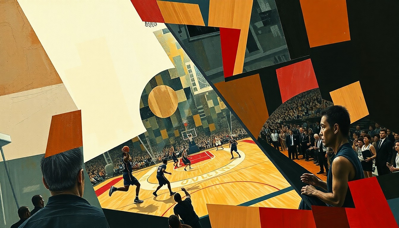A cubist, geometric painting depicting a basketball game, with the court and players broken down into sharp, overlapping planes of color and shape, conveying the fragmented nature of the Magic's broadcast situation.