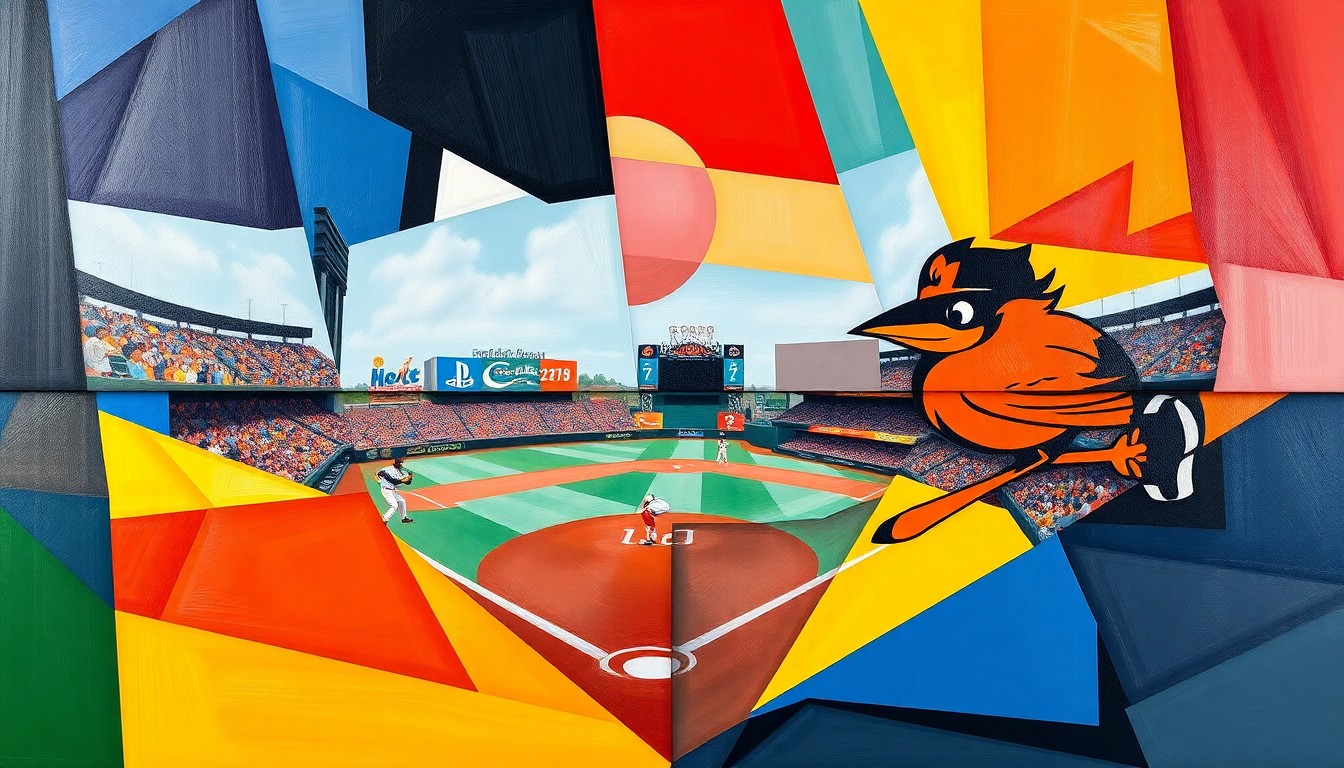 A cubist, geometric painting depicting a baseball game or match, with sharp, overlapping planes of the Pirates' black and gold colors and the Orioles' orange and black colors, capturing the dynamic energy of the sport.