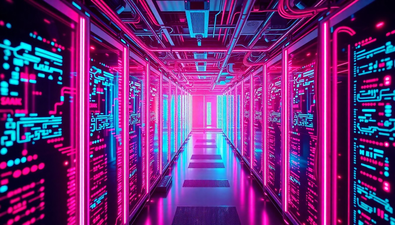 A highly detailed, glowing 3D illustration of a futuristic data center or server farm, with illuminated circuit boards, cooling fans, and fiber-optic cables, conceptually representing the advanced technology and innovation at the heart of Samsung's expanded operations in Cedar Rapids.