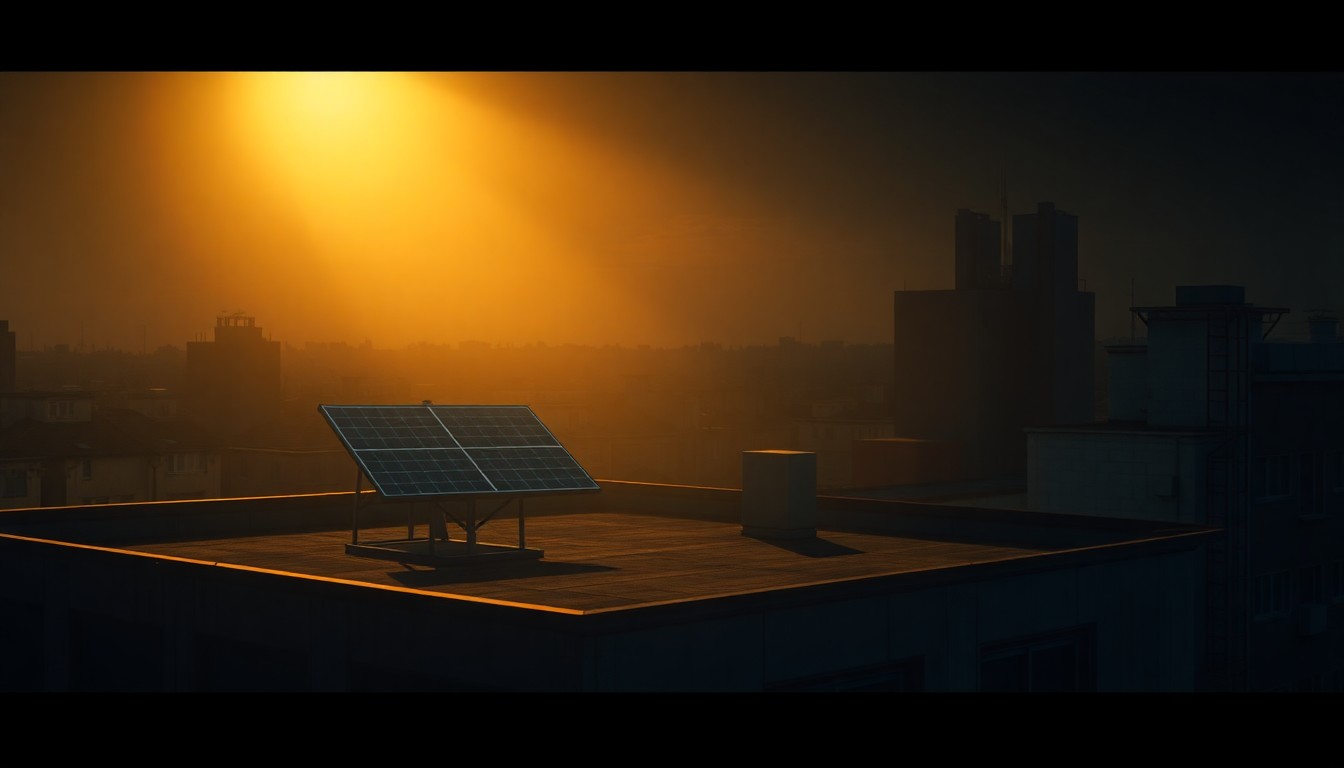 A cinematic painting of a solitary solar panel on an urban rooftop, with warm sunlight and deep shadows creating a contemplative mood around the clean energy transition.