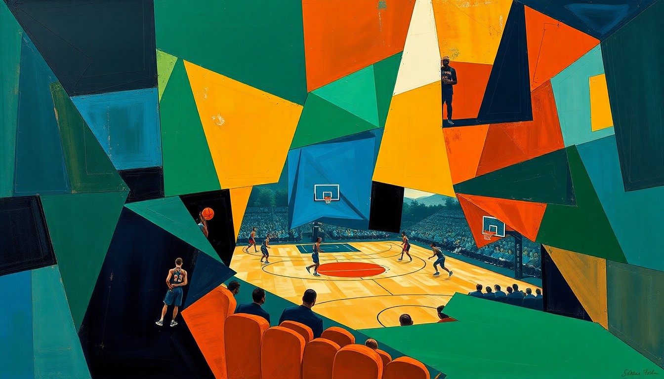 A cubist-style painting depicting a fragmented, geometric basketball court scene, with overlapping shapes and planes in shades of navy, green, and orange, conveying the disruption and uncertainty surrounding the loss of a key player.