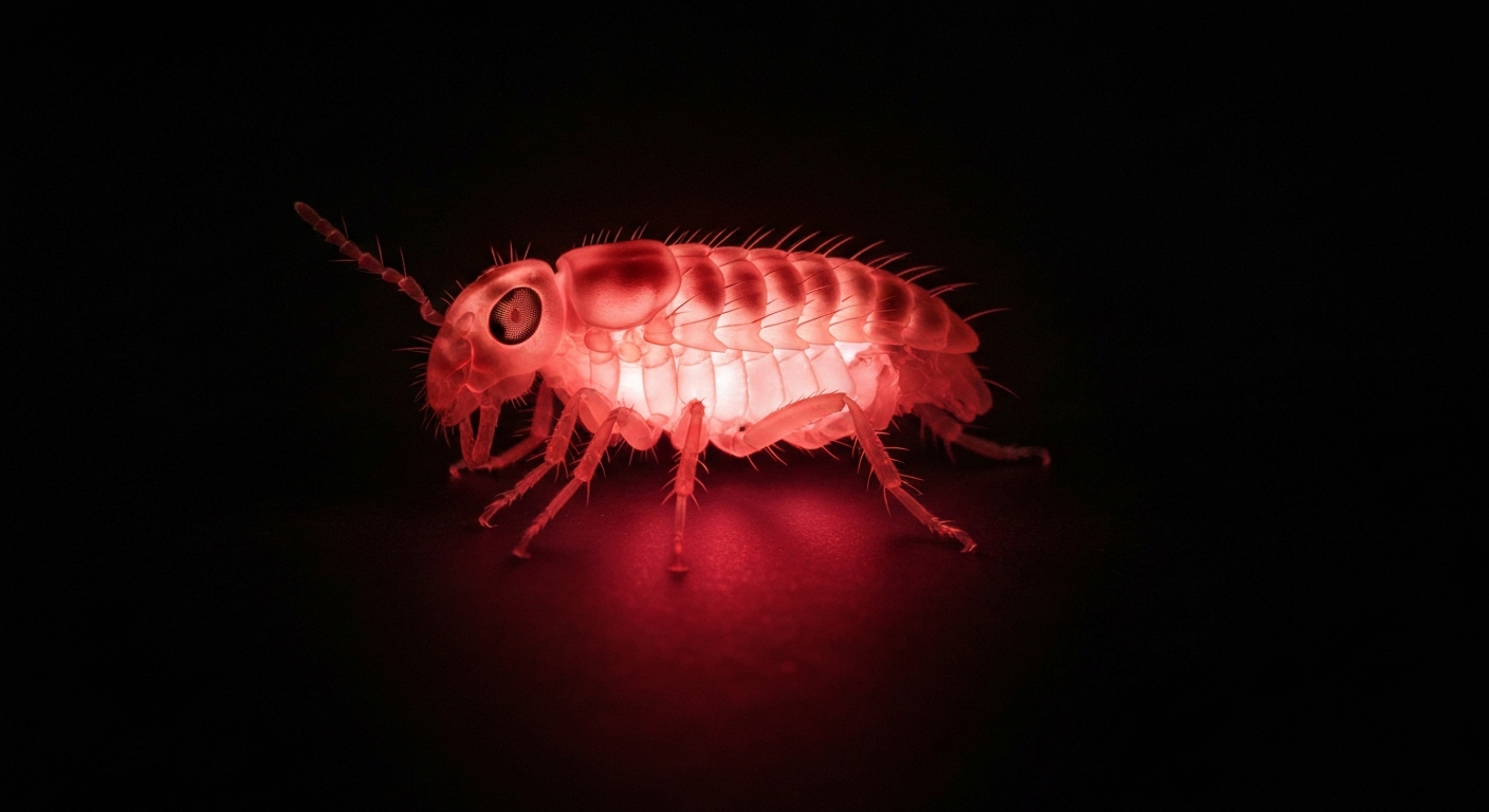 A minimalist, glowing neon outline of a flea against a dark background, with the flea's body pulsing with a bright red light, conceptually representing the urgent public health threat of flea-borne typhus.