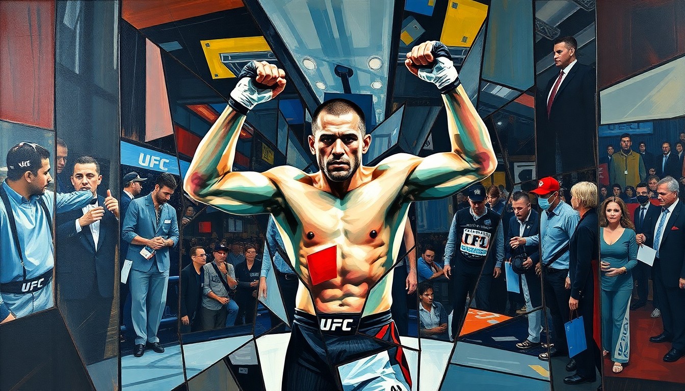 A fractured, geometric painting depicting the abstract shapes and angles of a UFC fighter stepping onto the scale, conveying the stress and difficulty of making weight for a fight.