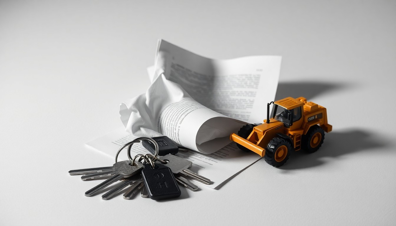 A minimalist studio still life featuring a pile of house keys, a crumpled deed document, and a small model of a bulldozer, symbolizing the tensions surrounding the demolition of homes for a megasite development.