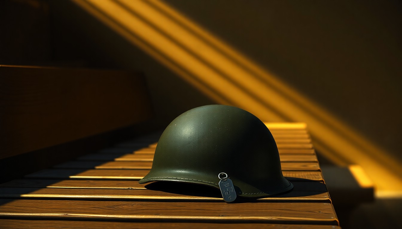 An extreme close-up of a solitary military helmet and dog tags resting on a wooden bench, the warm sunlight casting deep shadows and highlighting the weathered texture, conceptually representing the forgotten history and eventual recognition of the Choctaw code talkers.