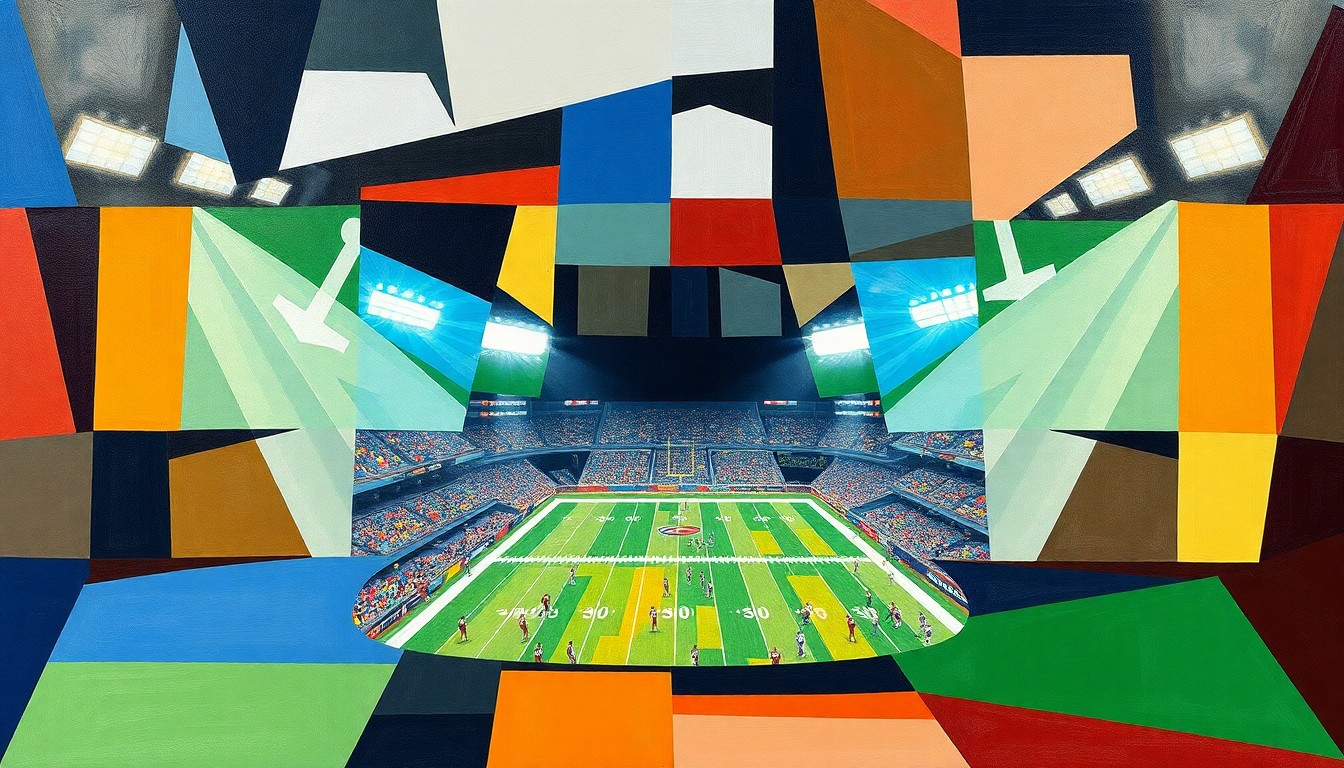 A cubist, geometric painting depicting fragmented, overlapping views of a football game or broadcast booth, conveying the complex changes to ESPN's NFL coverage.