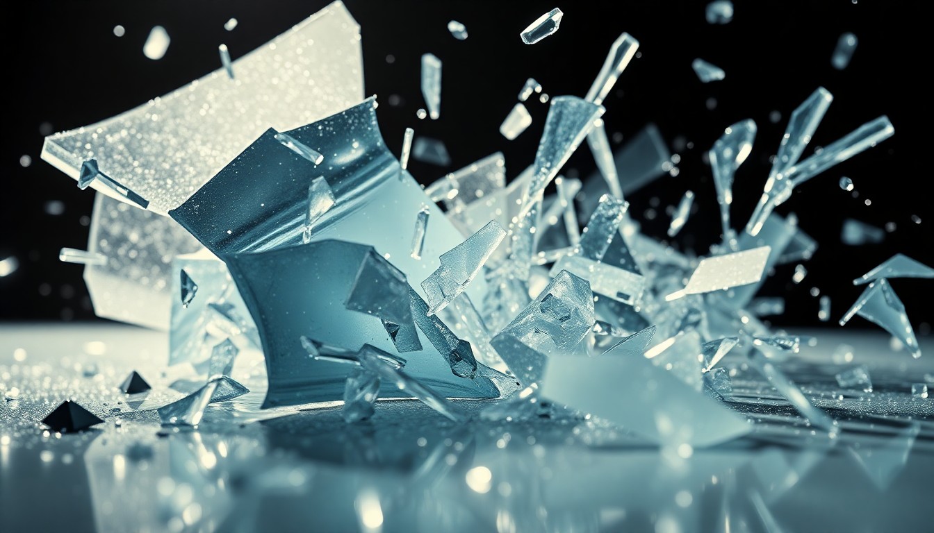 An abstract close-up photograph of shattered glass and glittering shards, captured in dramatic, high-contrast studio lighting to create a glamorous yet unsettling visual metaphor for the film's controversial plot.